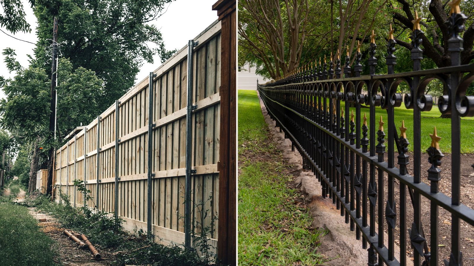A new board-on-board wood privacy fence beside a black iron fence with star finials